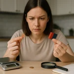 A young woman holds a shiny penny trying to check its surface in bright light to find features or errors.