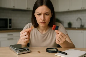 A young woman holds a shiny penny trying to check its surface in bright light to find features or errors.
