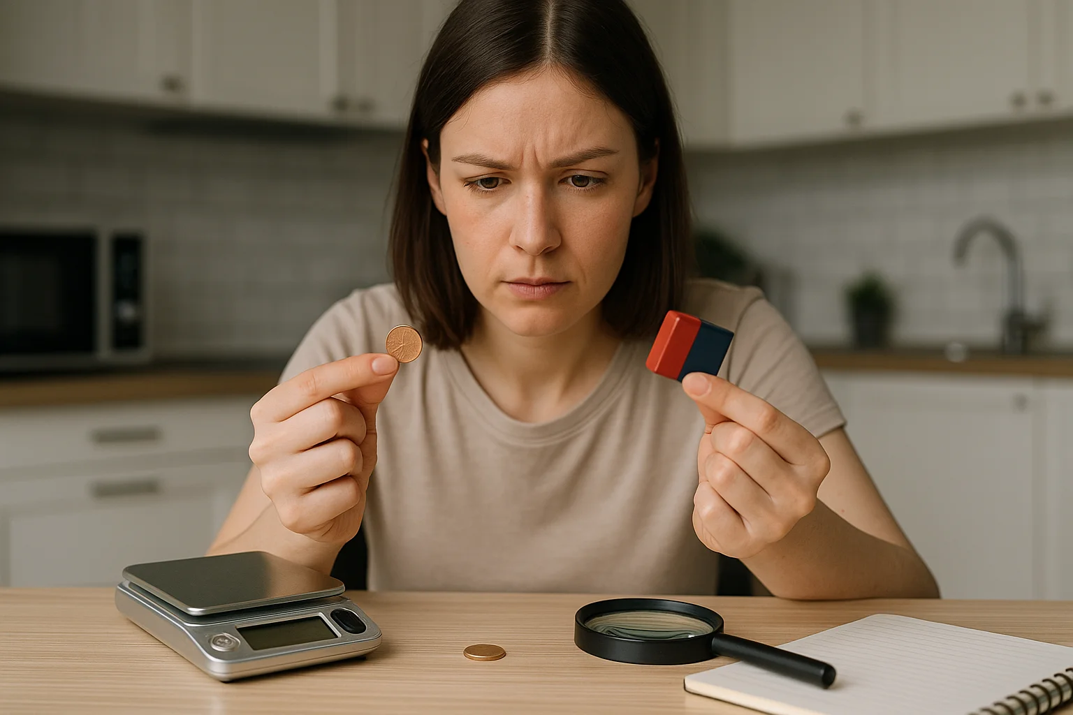 A young woman holds a shiny penny trying to check its surface in bright light to find features or errors.