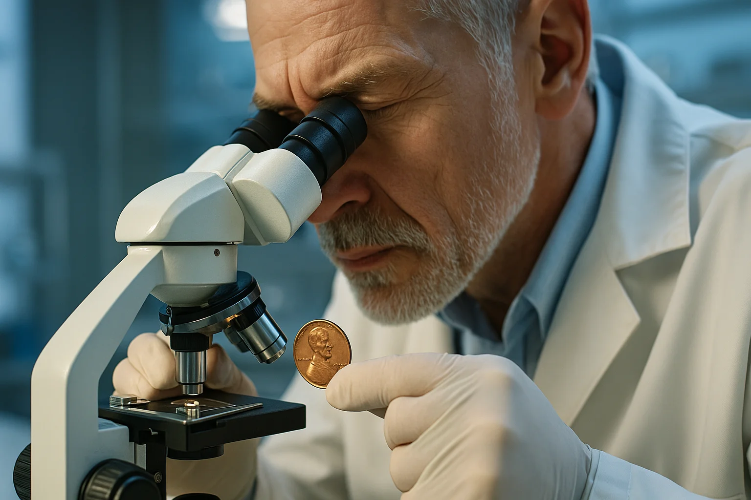 An elderly numismatist is going to examine a penny under a microscope in a lab setting to confirm its authenticity.