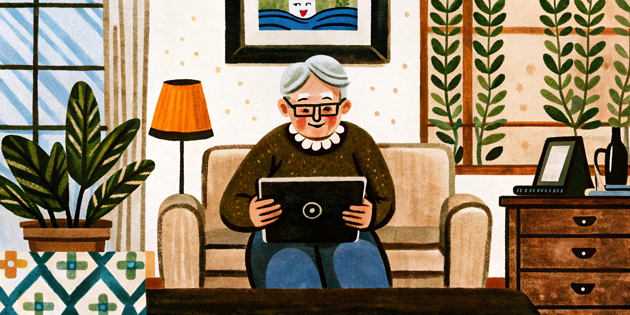 an elderly woman is sitting on the couch and playing with a tablet