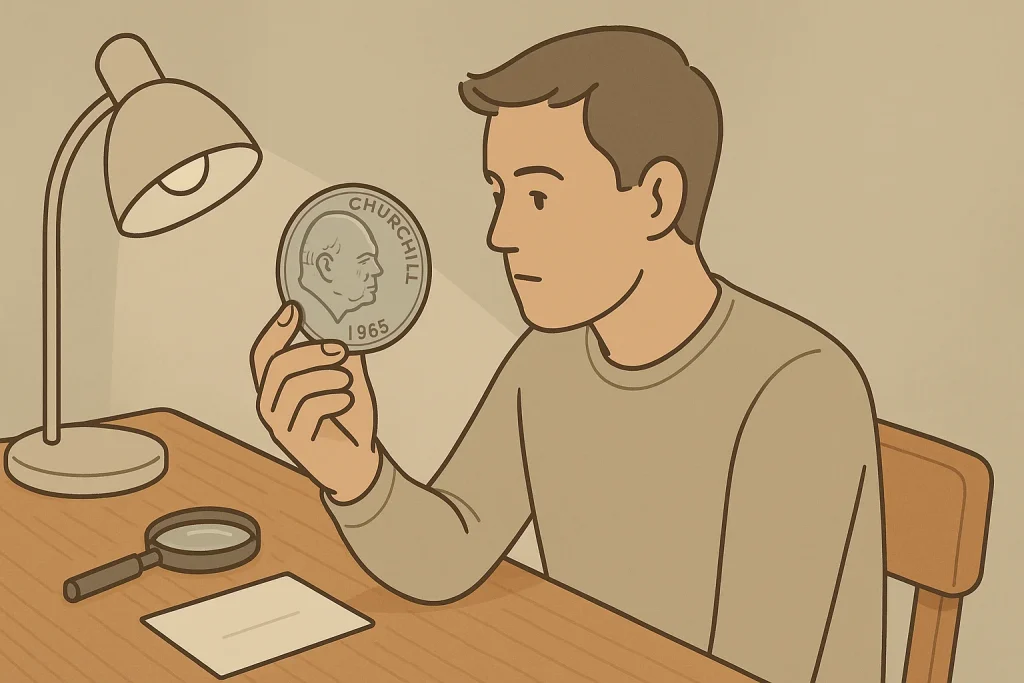 A collector explores the Churchill crown under the bright light.