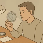 A collector explores the Churchill crown under the bright light.