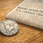A Kennedy half-dollar lies near the 1960s’ paper devoted to coinage changes.