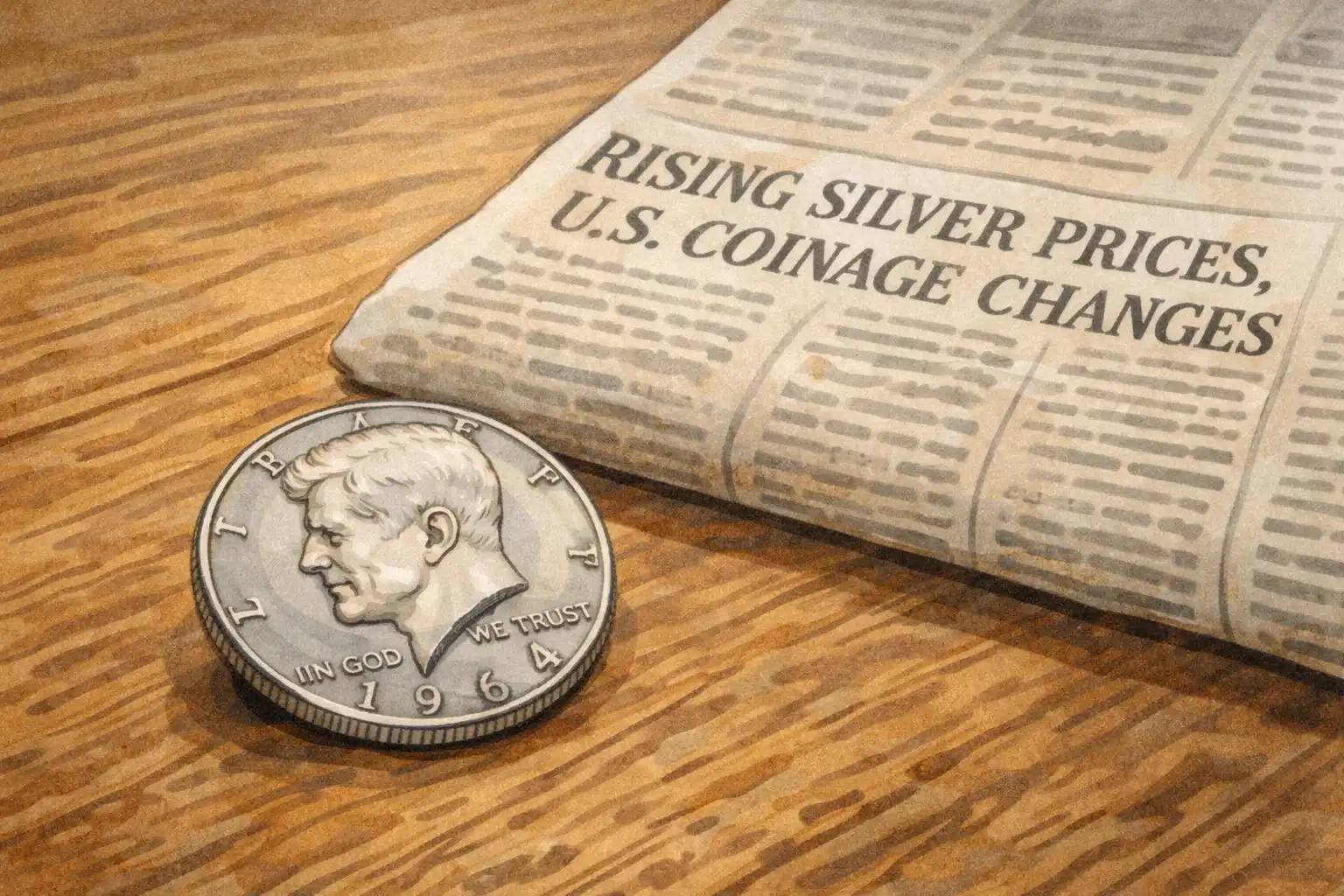 A Kennedy half-dollar lies near the 1960s’ paper devoted to coinage changes.