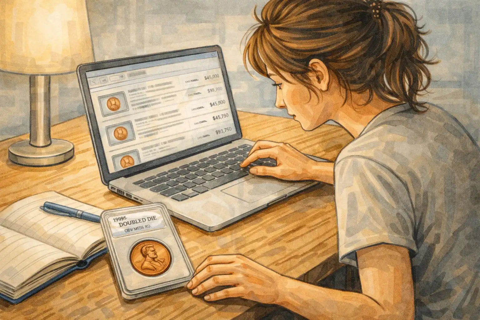 A woman checks recent auction results for a 1969 cent at home.